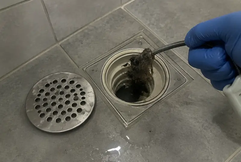 Santehniķis izņem matus no dušas grīdas trapa